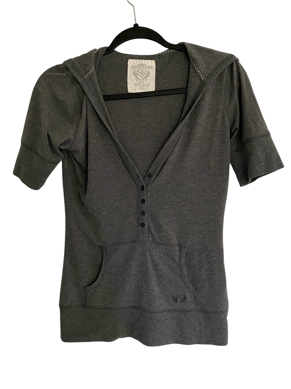 Vintage Y2K Henley Hoodie Hooded Pullover Short Sleeve Pockets Grey Womens Large